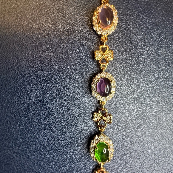 Elegant Gold Bracelet with Green, Pink and Purple Accents - Picture 2 of 3
